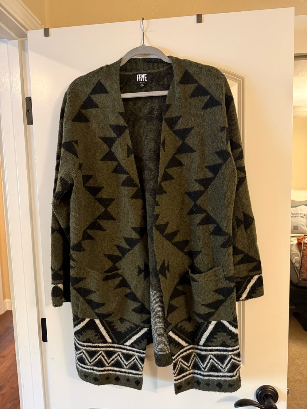 FRYE Olive & Black Geometric Open Cardigan with Ivory Trim